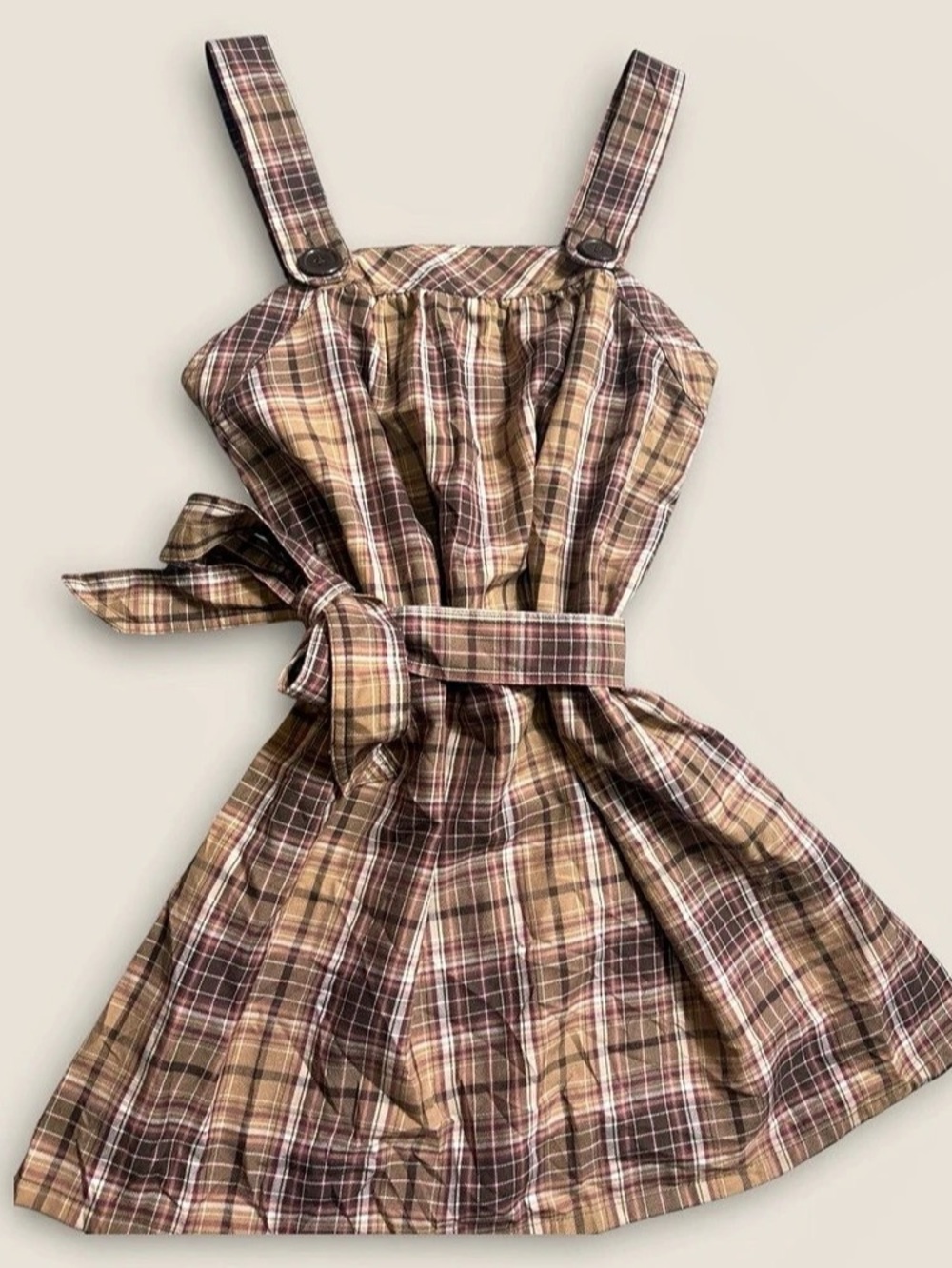 Vintage Y2K Preppy Plaid Tie Mini Dress in Brown & Pink
